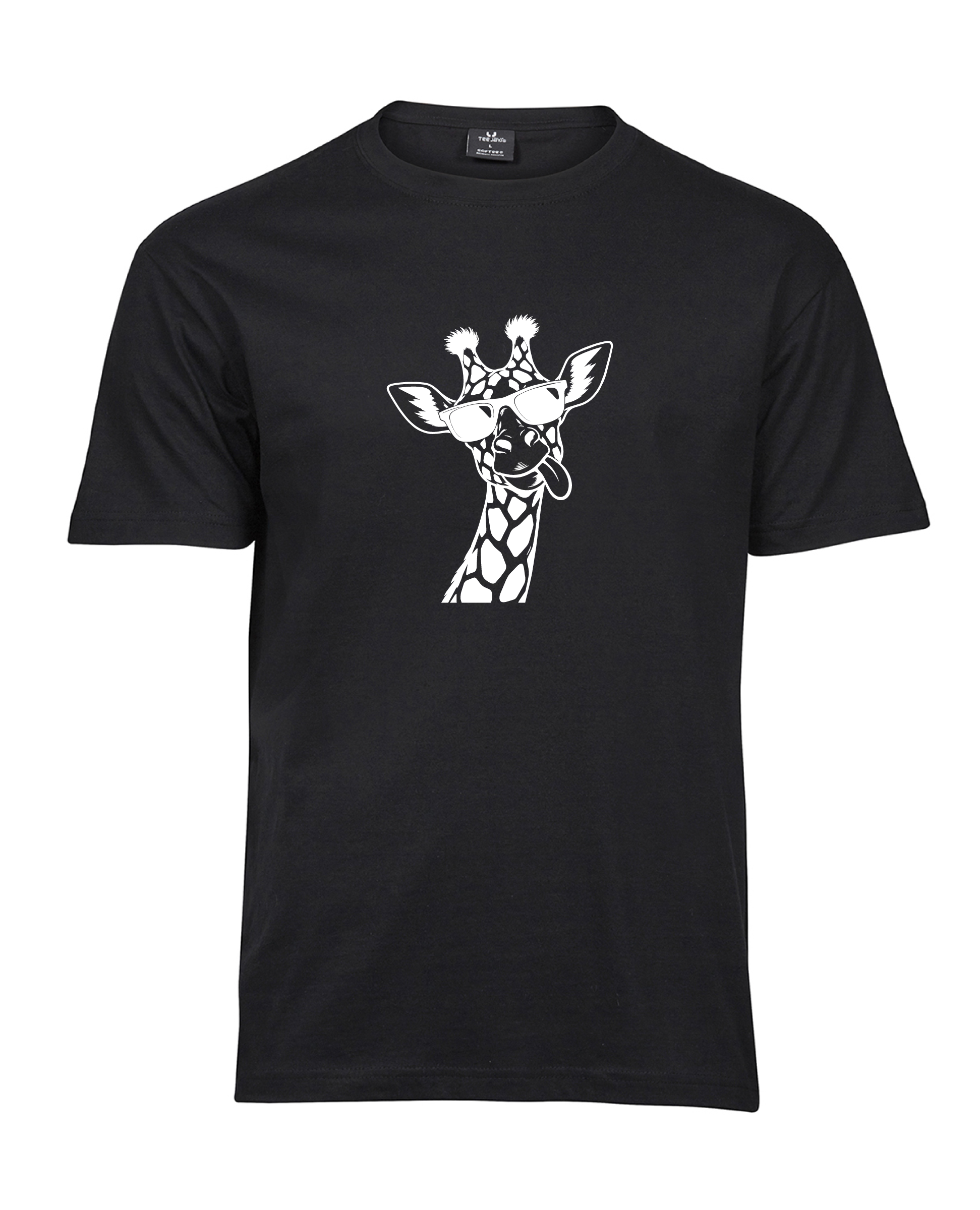 Must Unisex Black Giraffe T-särk päikeseprillide ja välja sirutatud keelega kaelkirjakuga, eestvaade.