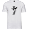 Valge Unisex Black Giraffe T-särk päikeseprillide ja välja sirutatud keelega kaelkirjakuga, eestvaade.