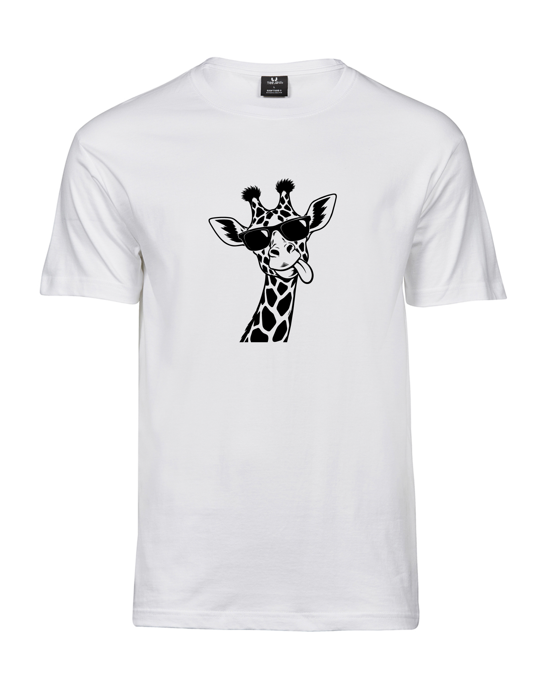Valge Unisex Black Giraffe T-särk musta kaelkirjakuga, kellel on päikeseprillid ees ja keel väljas.