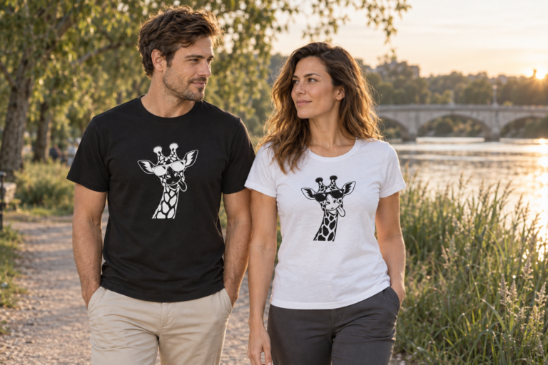 Mees mustas ja naine valges Black Giraffe T-särgis jõeäärses pargis.