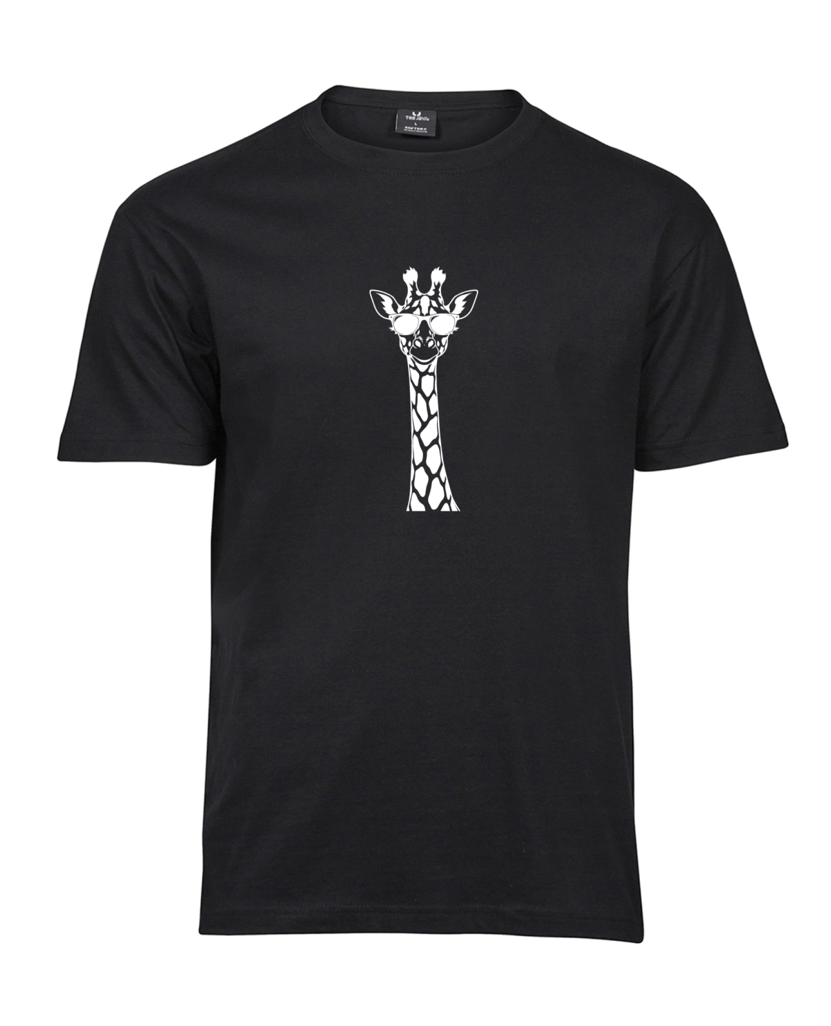 Black Giraffe 2 T-shirt with an upright giraffe wearing sunglasses