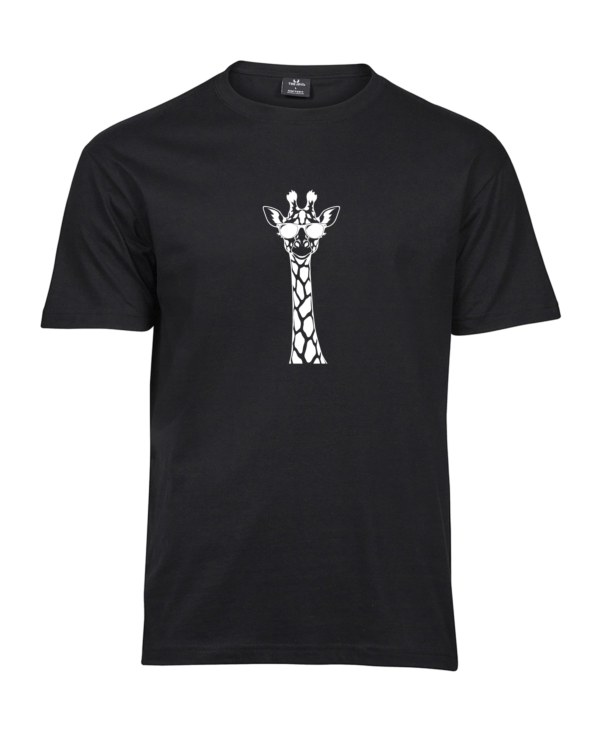 Black Giraffe 2 T-shirt with an upright giraffe wearing sunglasses