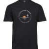 Golden Hour Field Club T-shirt with an orange sun, palm and water lines in a circular chest emblem