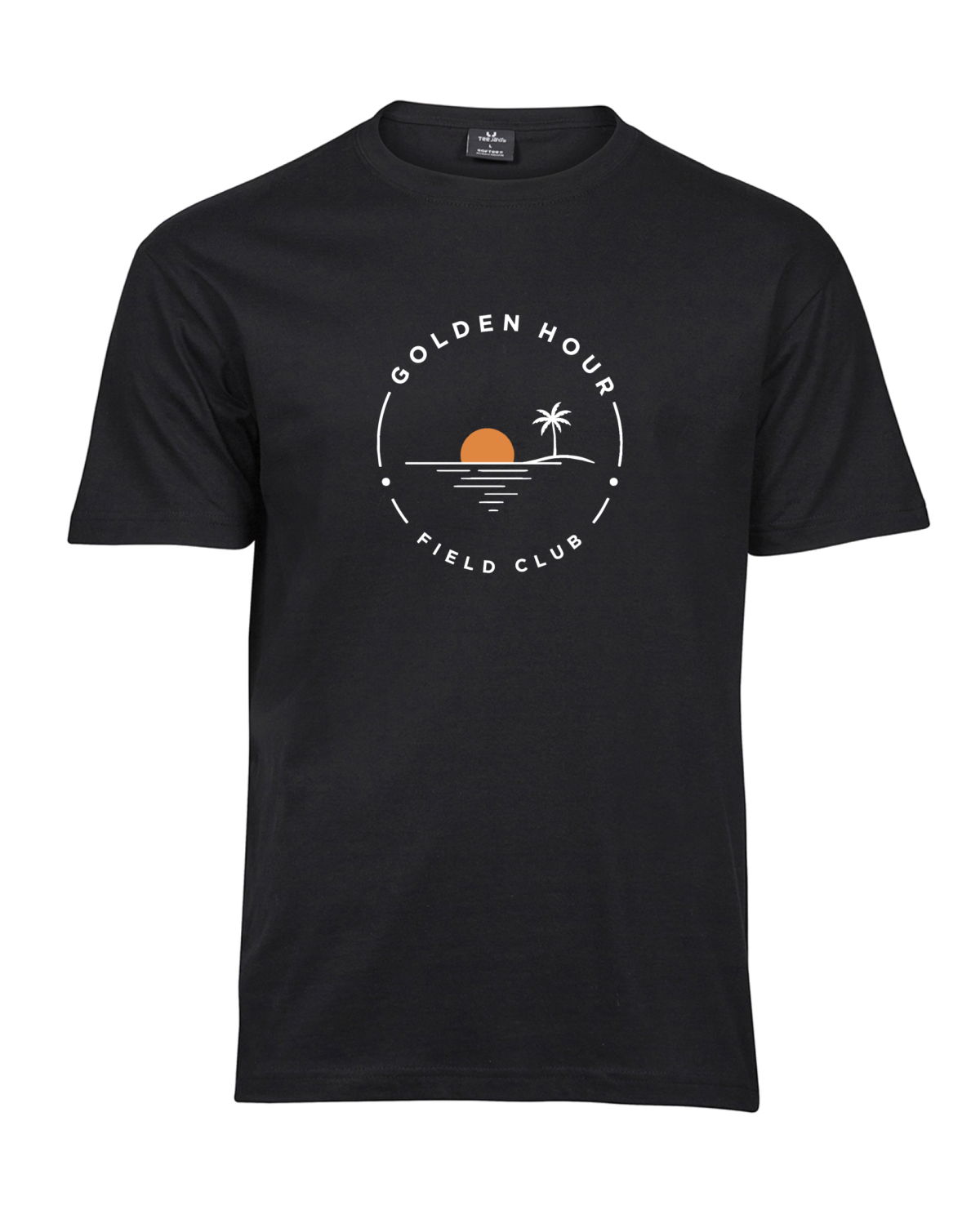 Golden Hour Field Club T-shirt with an orange sun, palm and water lines in a circular chest emblem