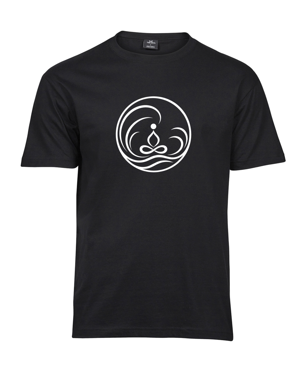 Meditation Waves Circle T-shirt with a circular illustration of a meditating figure and flowing waves