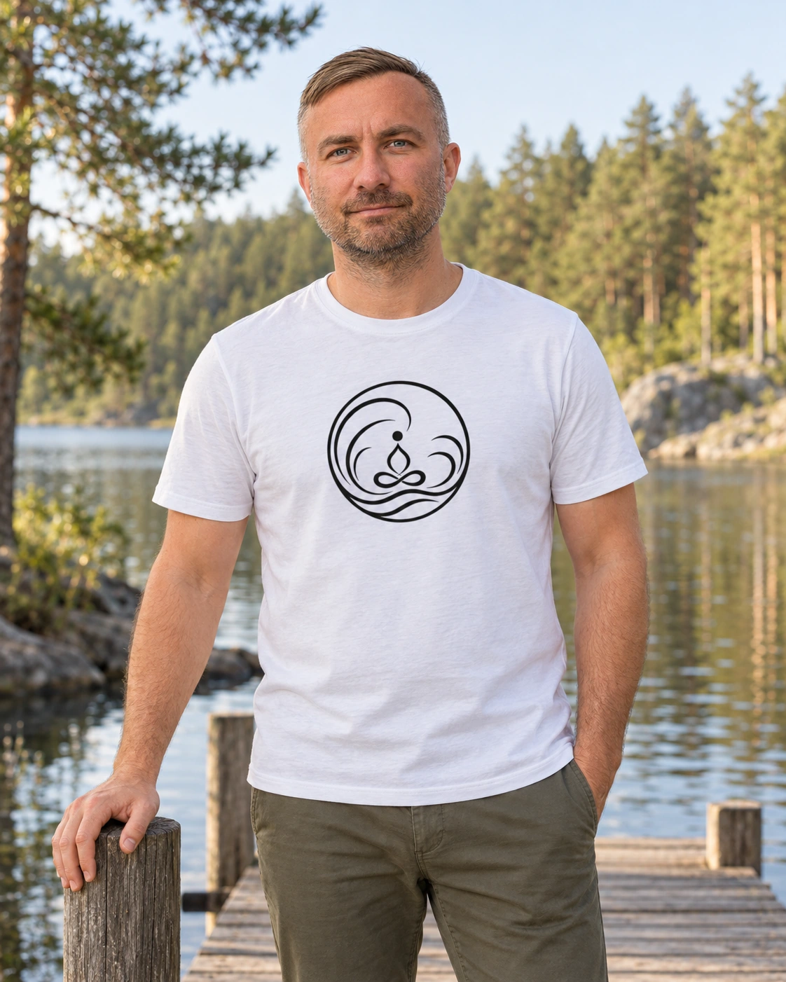 Anti valges Meditation Waves Circle'i unisex-särgis rahuliku järve ääres.