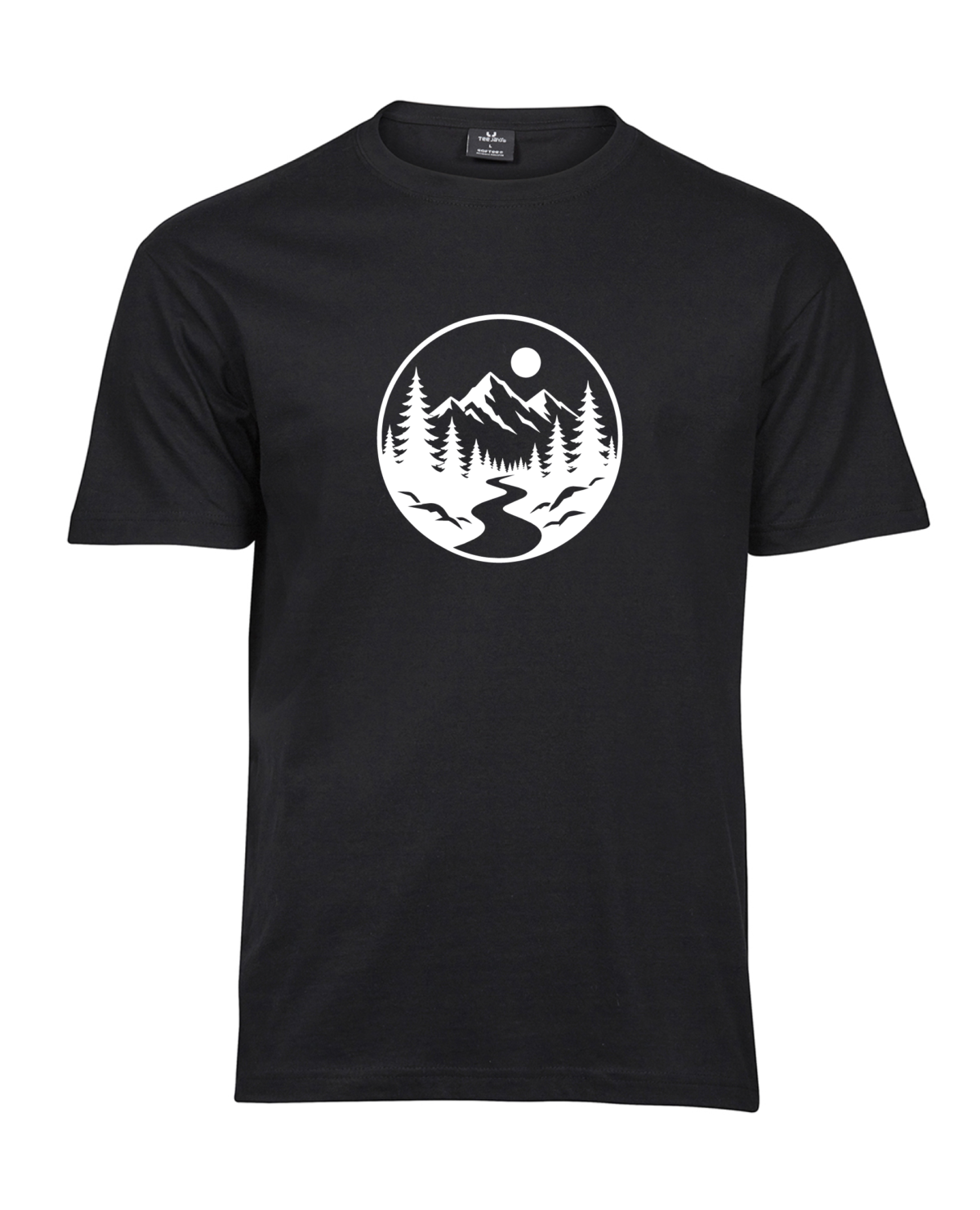 Mountain River Circle T-shirt with a circular landscape of mountains, fir trees and a winding river