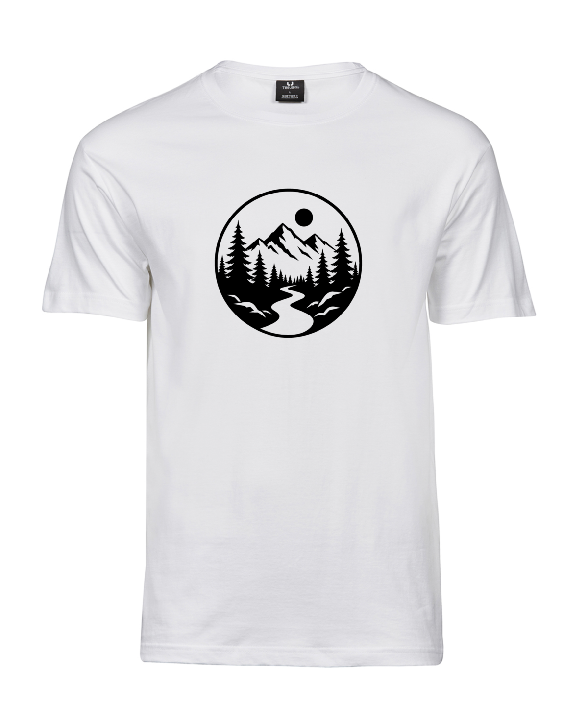 Valge Unisex Mountain River Circle T-särk, eestvaade