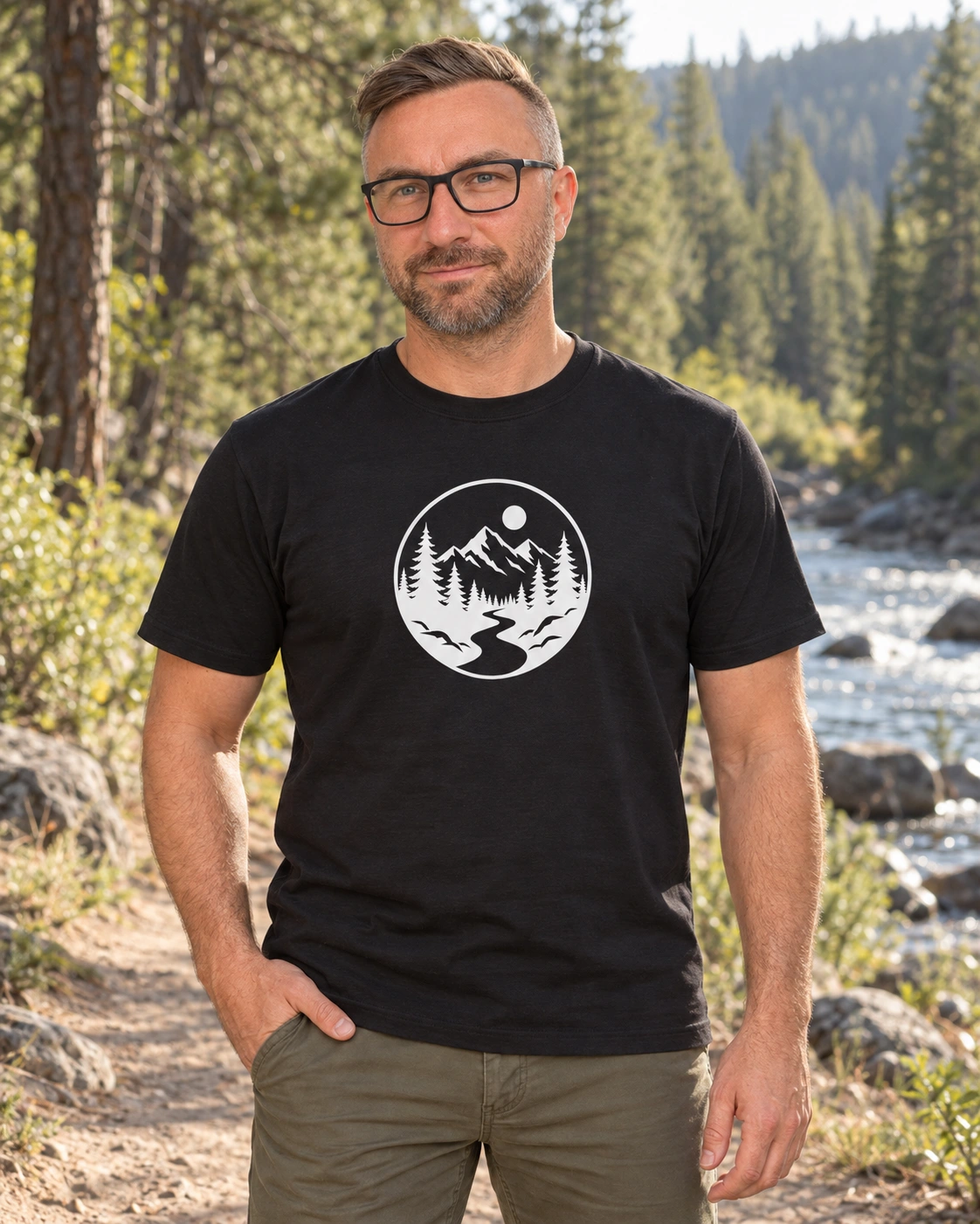 Anti kannab musta Mountain River Circle Unisex T-särki metsasel jõerajal.