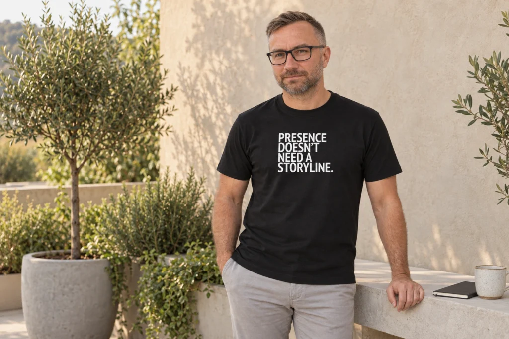 Anti musta Presence Doesn’t Need a Storyline Unisex T-särgiga vaiksel lugemisterrassil.