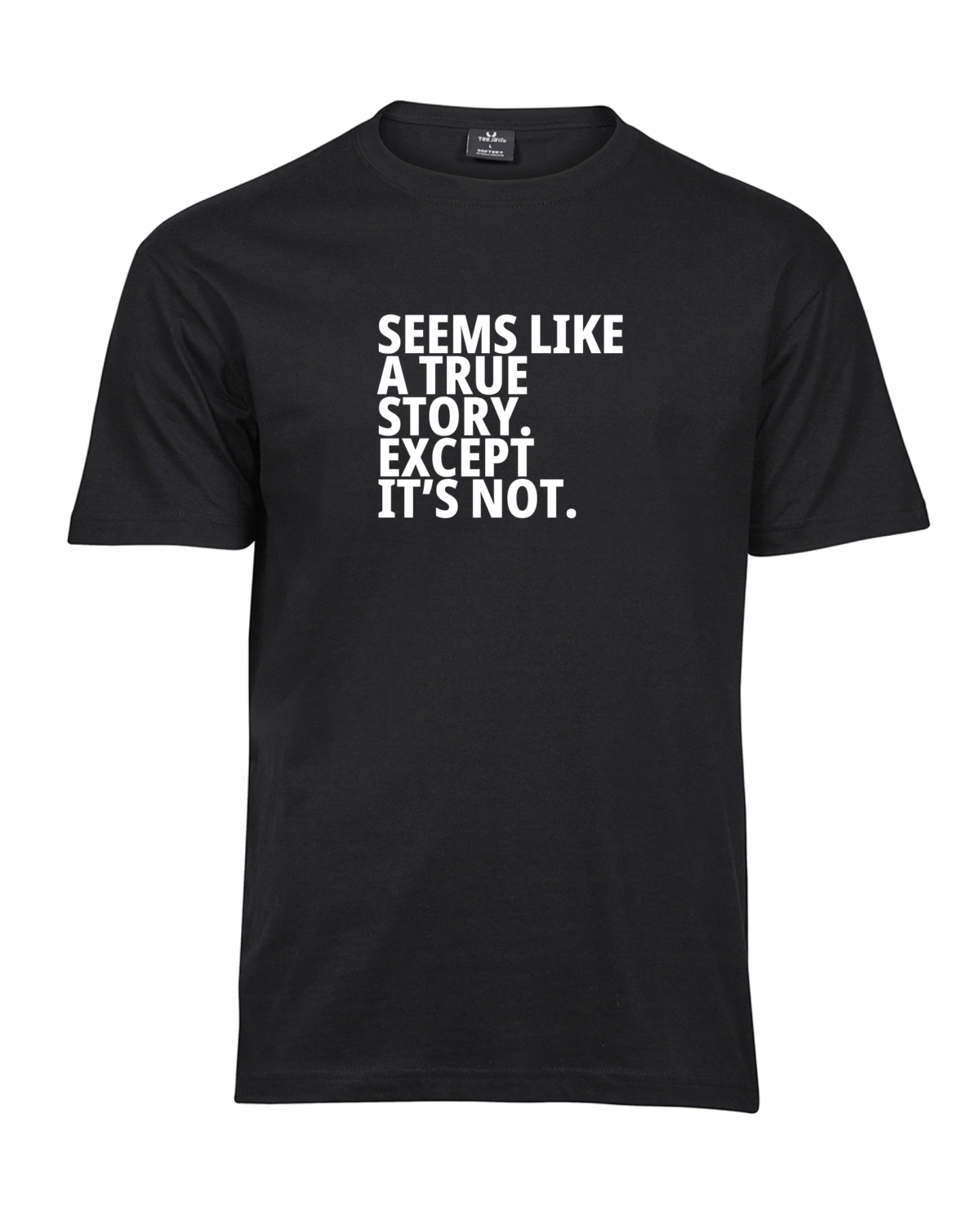 Seems Like a True Story Except It’s Not design version 2 T-shirt with five lines of bold block lettering