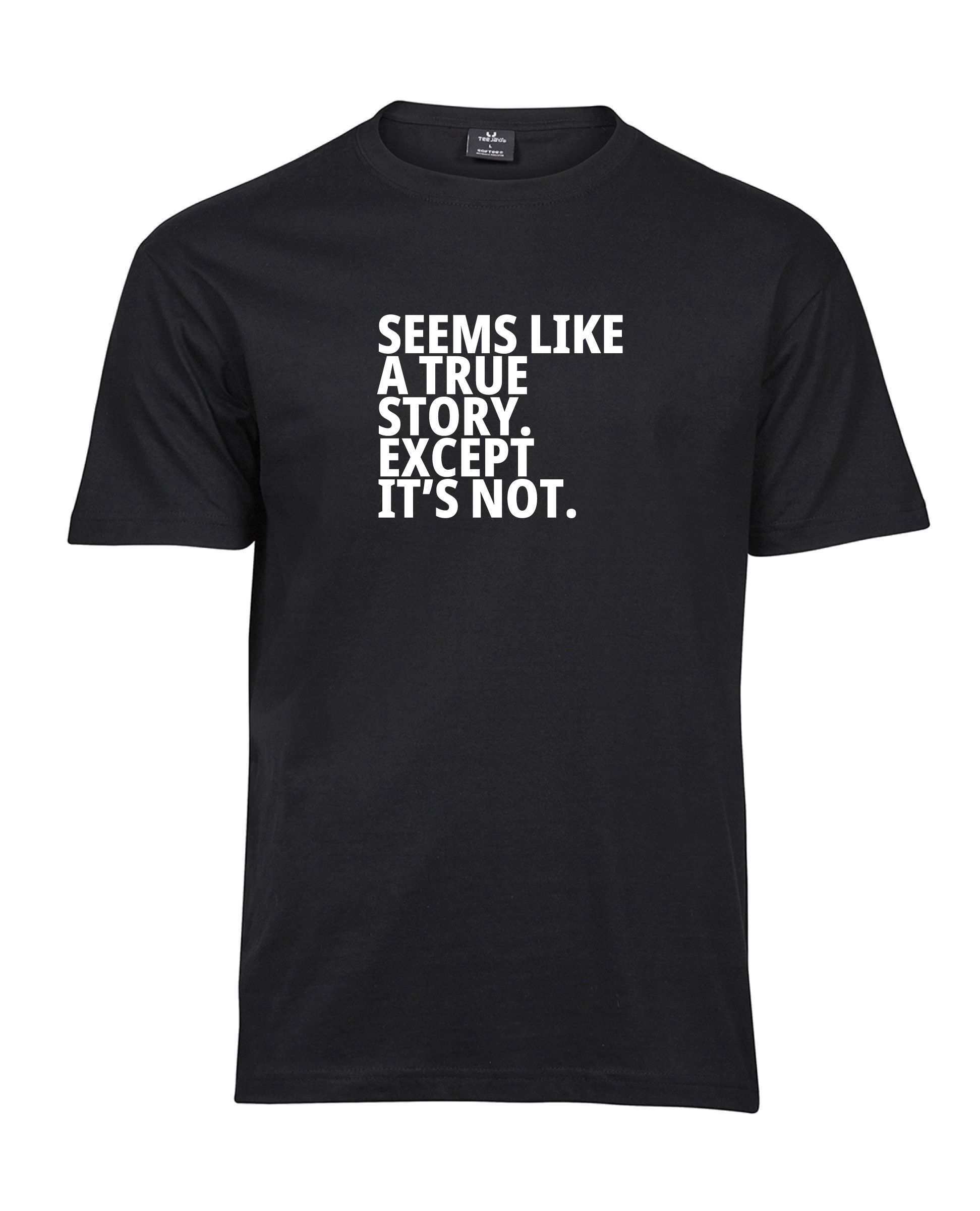 Seems Like a True Story Except It’s Not design version 2 T-shirt with five lines of bold block lettering