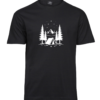 Starry Campsite T-shirt with a vertical illustration of a tent among fir trees, mountains and stars