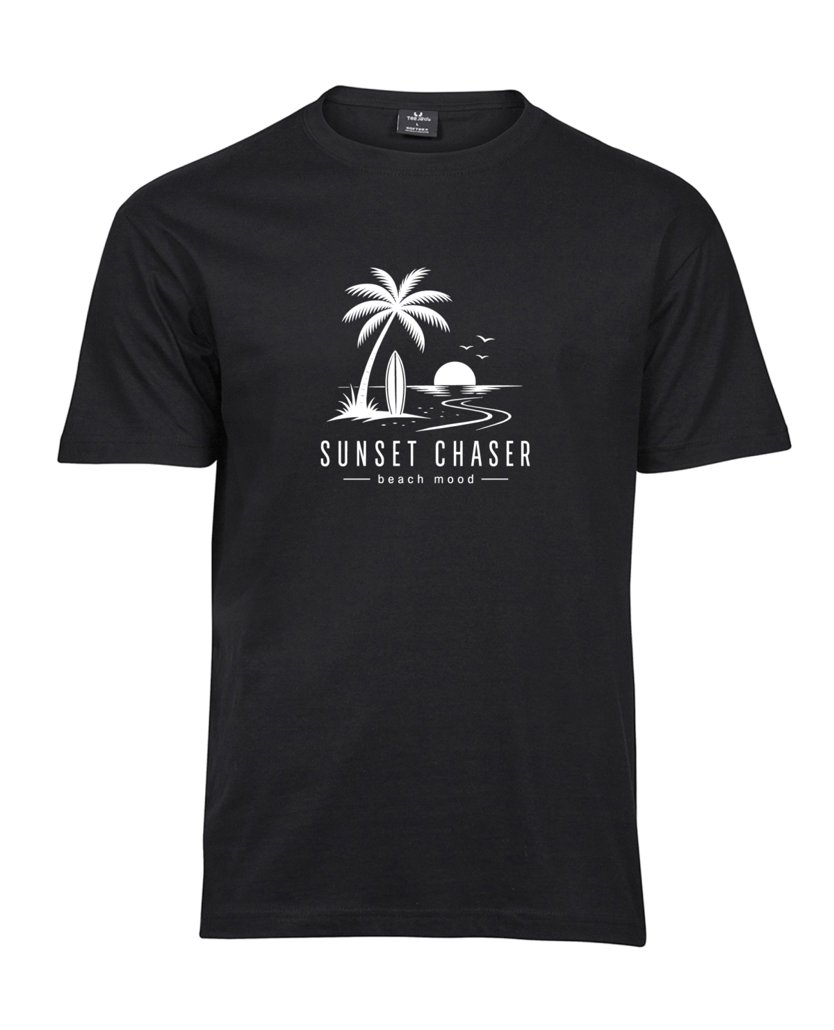 Sunset Chaser Beach Mood T-shirt with a palm, surfboard, sunset and beach mood lettering