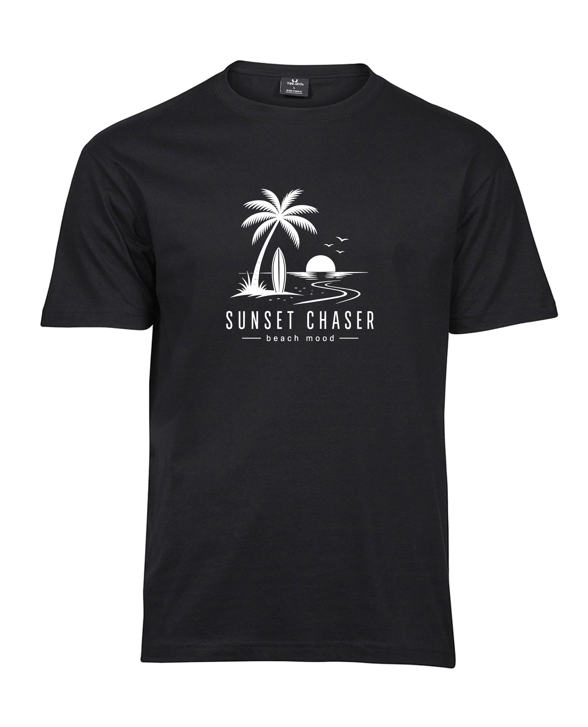 Sunset Chaser Beach Mood T-shirt with a palm, surfboard, sunset and beach mood lettering