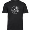Sunset Surf Circle T-shirt with a circular illustration of a palm, surfboard, beach and setting sun