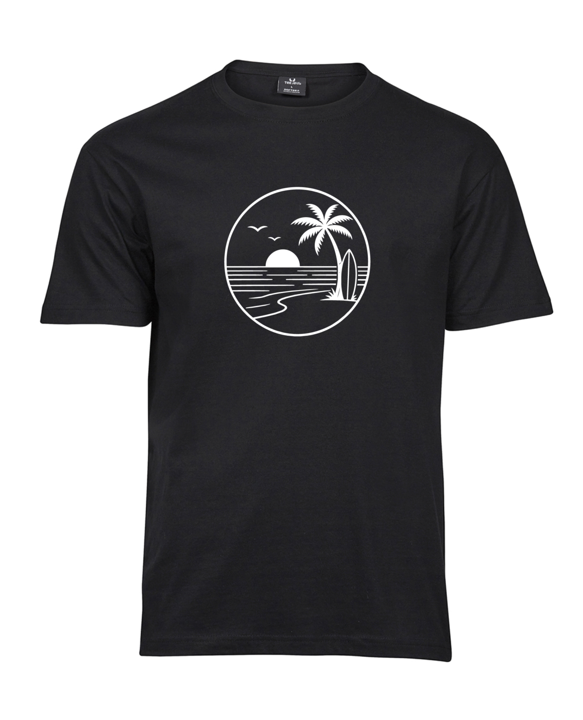 Sunset Surf Circle T-shirt with a circular illustration of a palm, surfboard, beach and setting sun