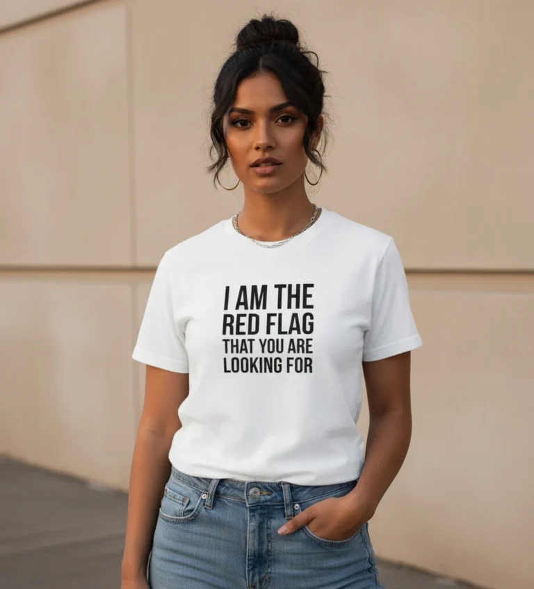 Front view of a white Blacksunset unisex T-shirt with black I AM THE RED FLAG THAT YOU ARE LOOKING FOR lettering, against a beige wall.