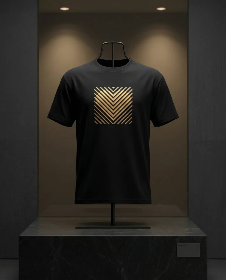 Black Heart Stripe T-shirt with a gold vertical heart motif.