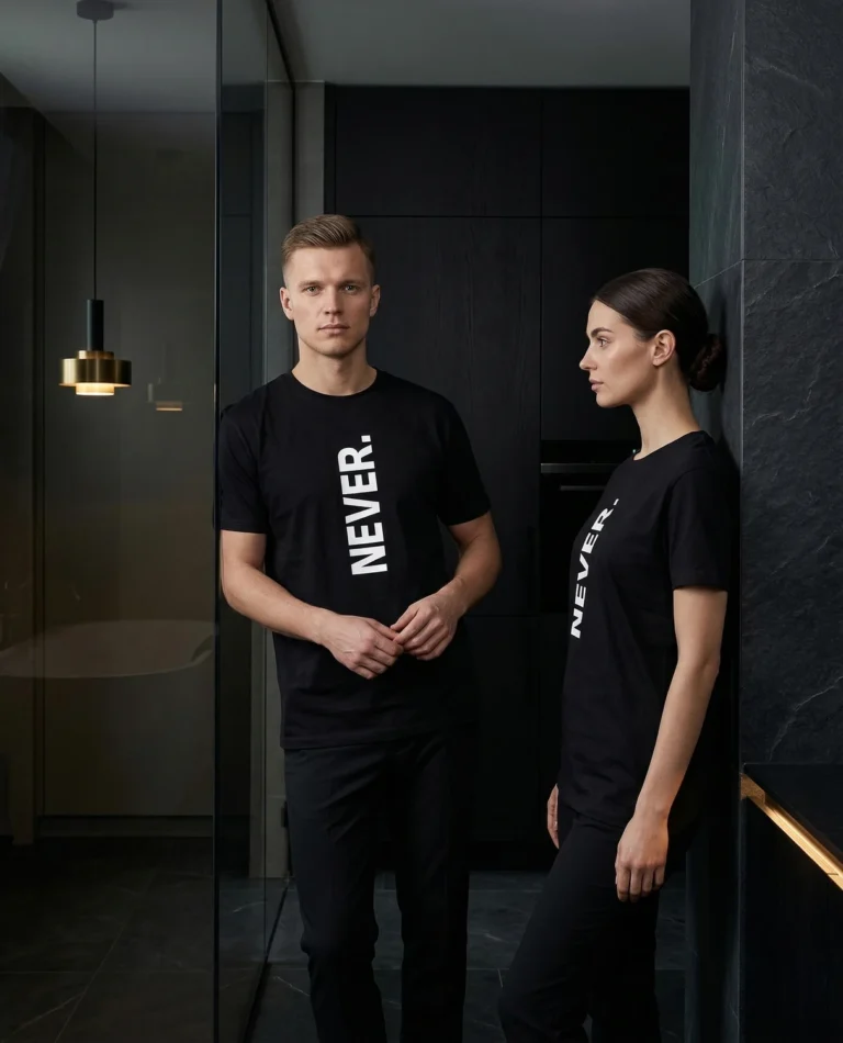 NEVER. T-shirt with minimalist vertical lettering in an urban setting.