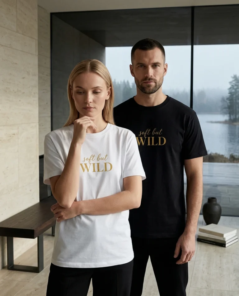 Soft But Wild unisex T-shirt with gold lettering, view 1.