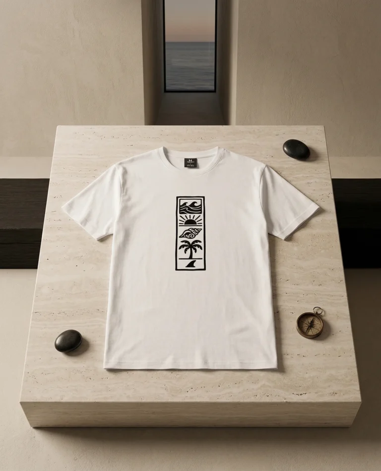 Beach Totem unisex T-shirt with a vertical beach design, view 1.