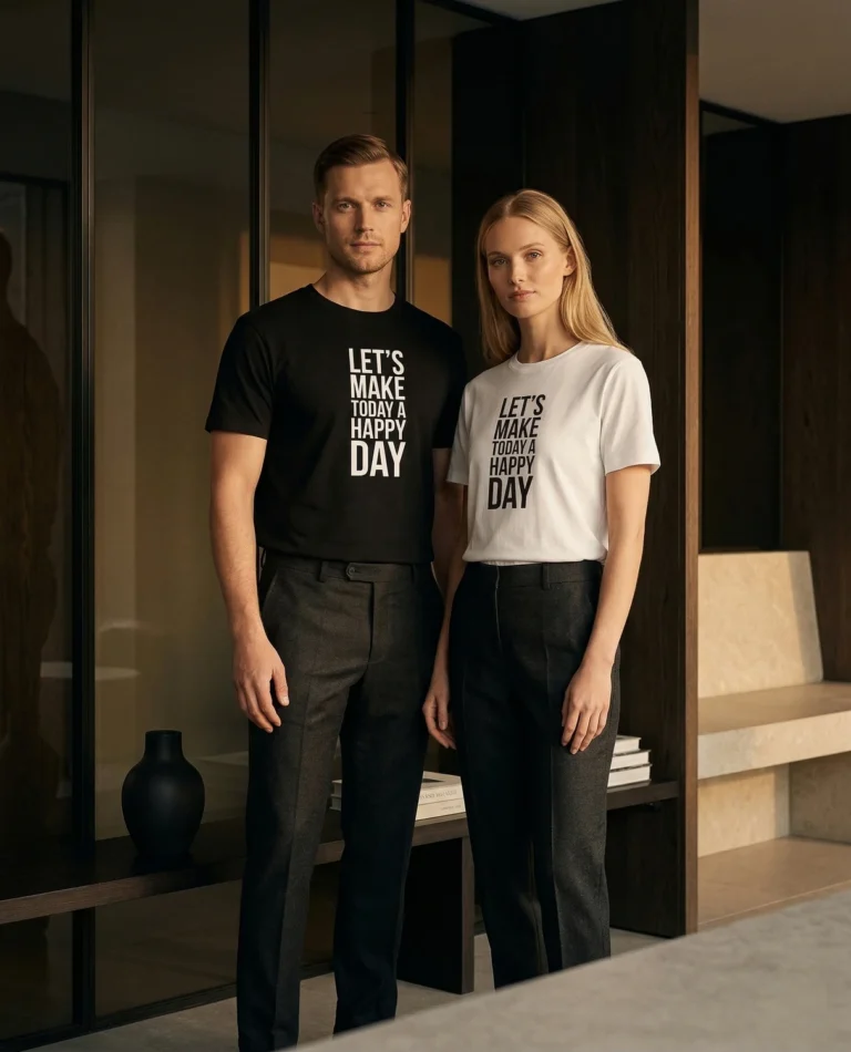 Let’s Make Today a Happy Day T-shirt in black and white, in unisex and women’s cuts.