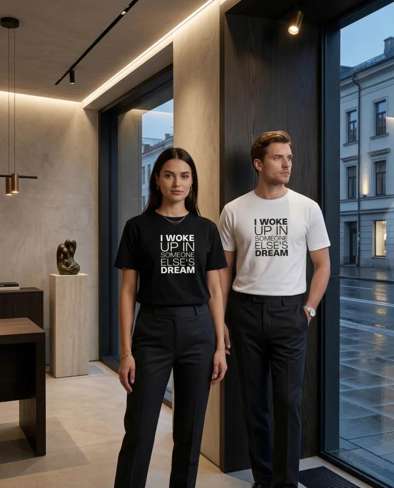 I Woke Up In Someone Else’s Dream T-shirt in black and white, in unisex and women’s cuts.
