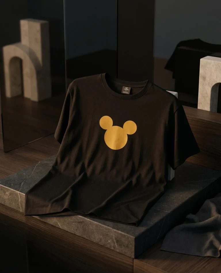 Black Mõmmi Või Midagi T-shirt with a gold silhouette, product view.