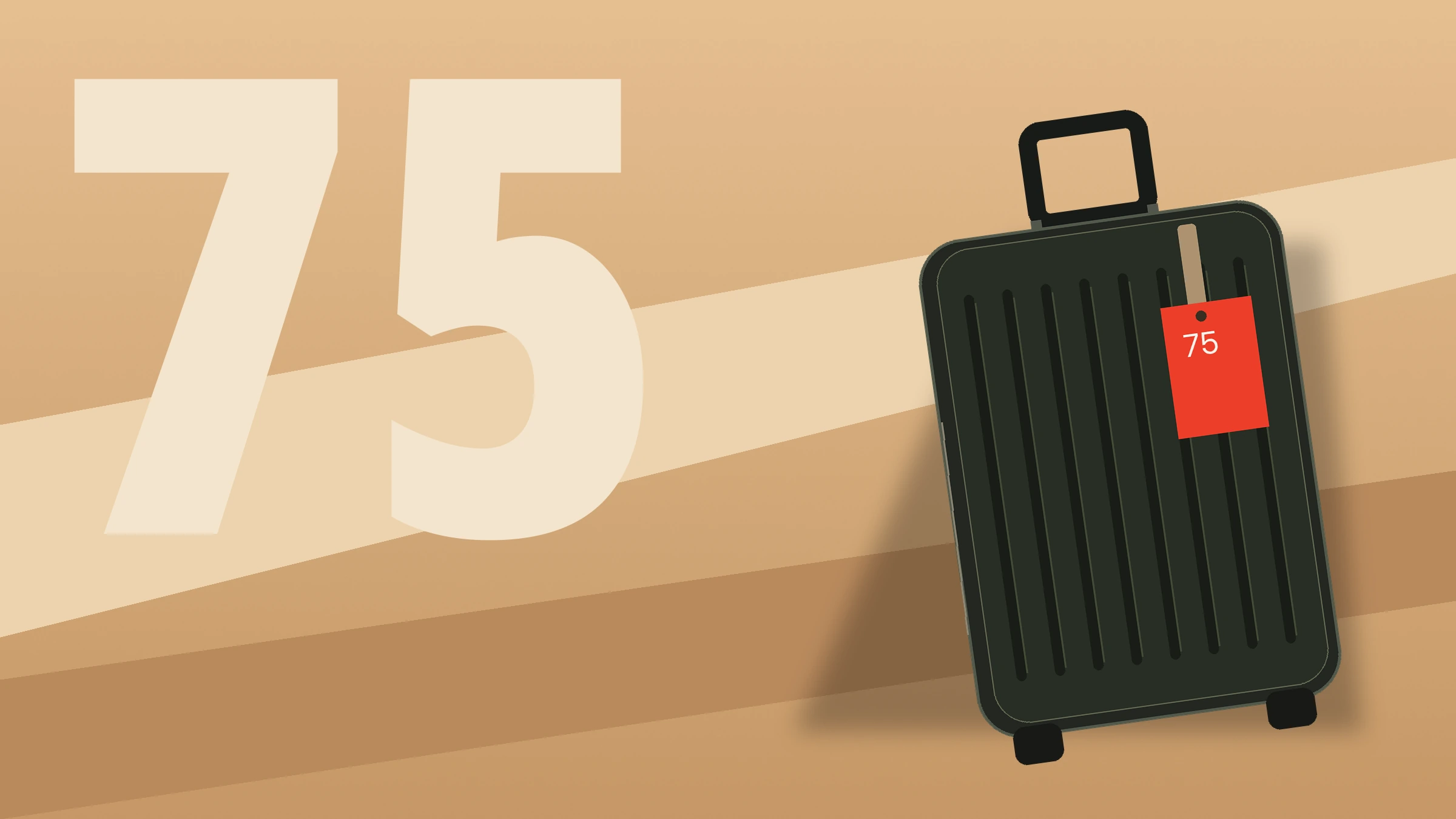 Illustration of a suitcase beside the number 75