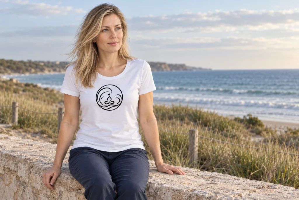 Meditation Waves Circle T-shirt with a seated figure surrounded by waves.