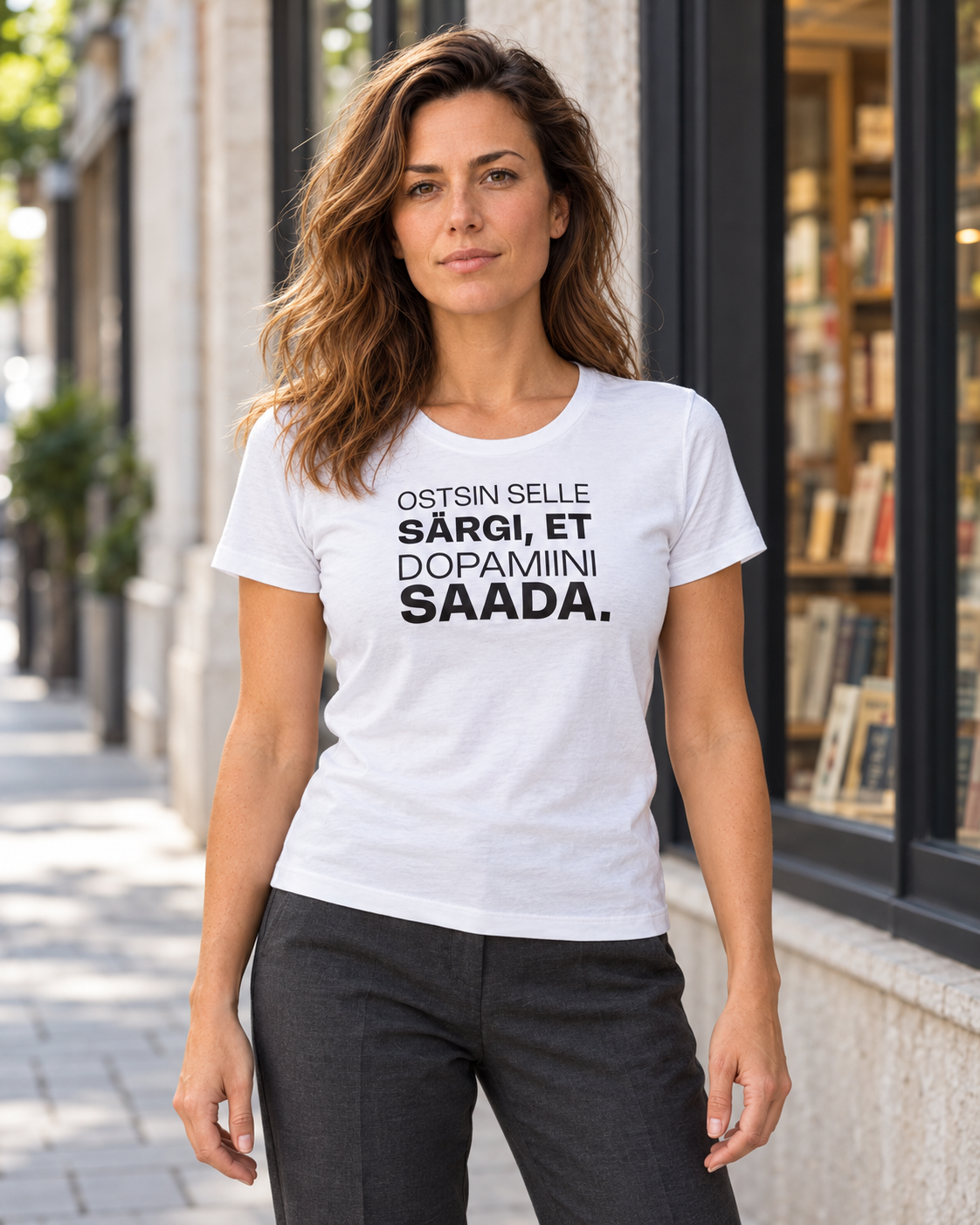 Naine kannab valget T-särki musta kirjaga „Ostsin selle särgi, et dopamiini saada.”