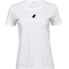Women's white Kapibaara T-shirt with a small capybara at the centre of the chest, front view.