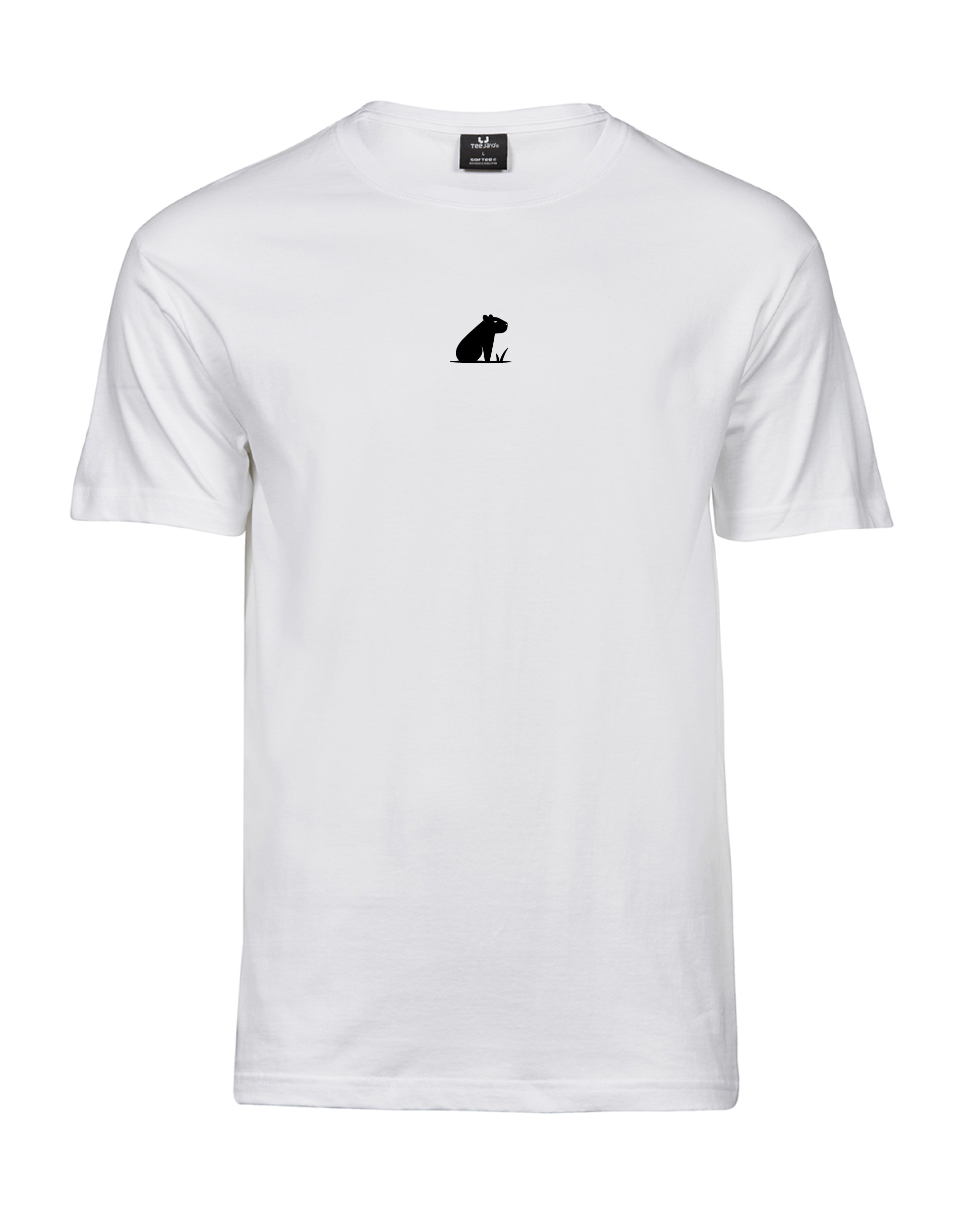 Unisex white Kapibaara T-shirt with a small capybara at the centre of the chest, front view.
