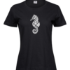 Women's black Merihobu T-shirt with an ornamental seahorse at the centre of the chest, front view.
