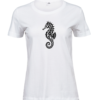 Women's white Merihobu T-shirt with an ornamental seahorse at the centre of the chest, front view.