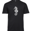 Unisex black Merihobu T-shirt with an ornamental seahorse at the centre of the chest, front view.