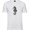 Unisex white Merihobu T-shirt with an ornamental seahorse at the centre of the chest, front view.