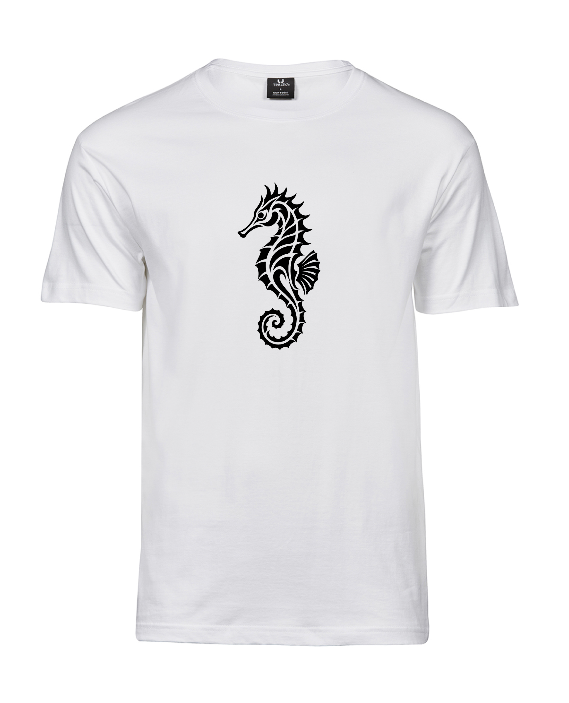 Unisex white Merihobu T-shirt with an ornamental seahorse at the centre of the chest, front view.