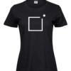 Women's black Raamist väljas T-shirt with an open frame and a dot above its right corner, front view.