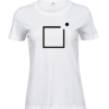 Women's white Raamist väljas T-shirt with an open frame and a dot above its right corner, front view.