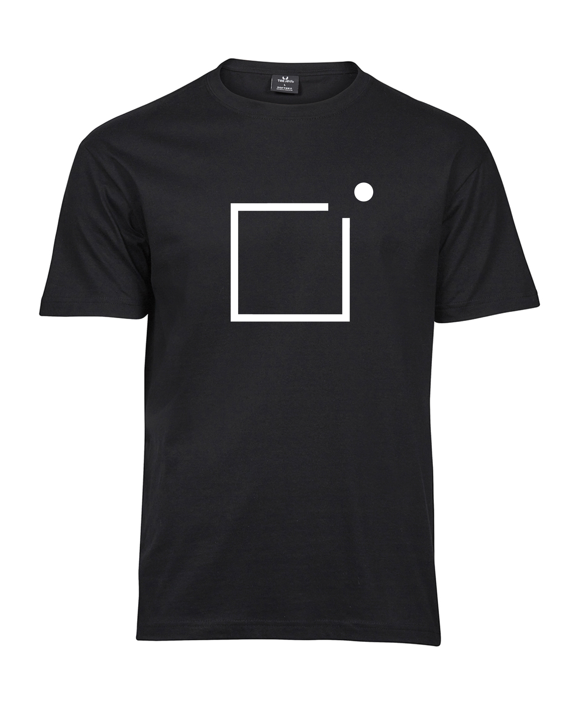 Unisex black Raamist väljas T-shirt with an open frame and a dot above its right corner, front view.