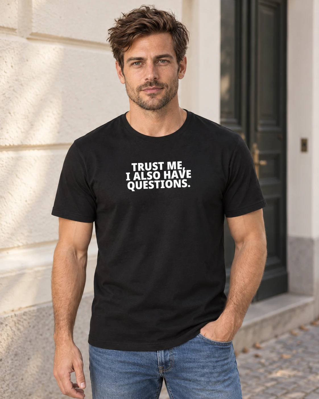 Mees kannab musta Unisex T-särki valge kolmerealise kirjaga „TRUST ME, I ALSO HAVE QUESTIONS.”