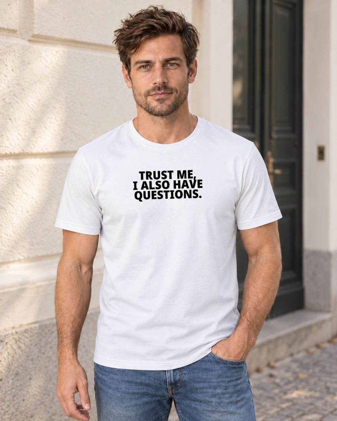 Mees kannab valget Unisex T-särki musta kolmerealise kirjaga „TRUST ME, I ALSO HAVE QUESTIONS.”