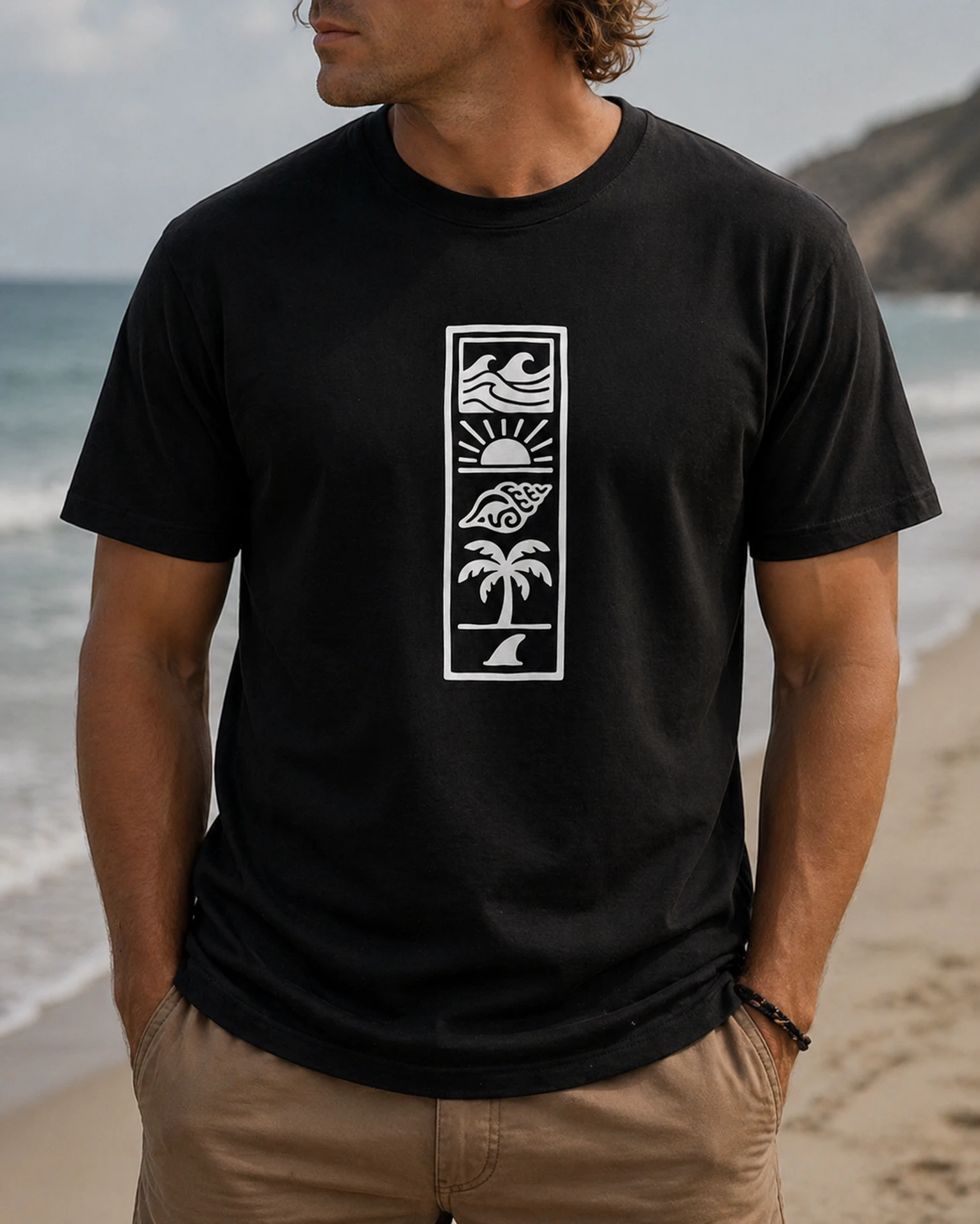 Beach Totem must T-särk lähivaates seljas