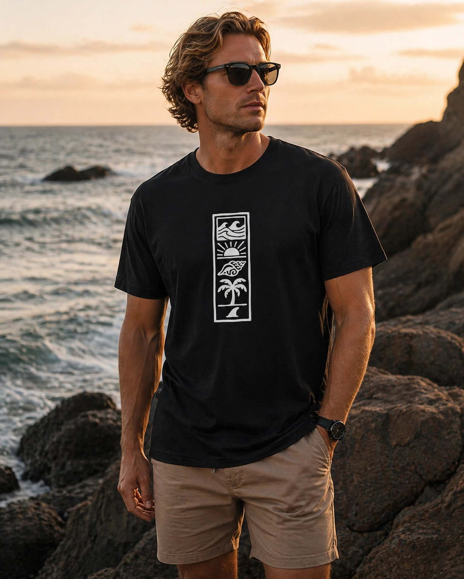 Beach Totem must T-särk päikeseloojangu ja kivise rannaga