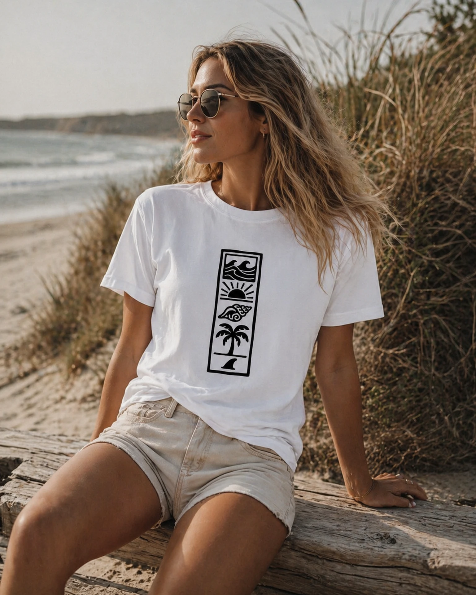 Beach Totem valge T-särk naisel rannadüünide juures