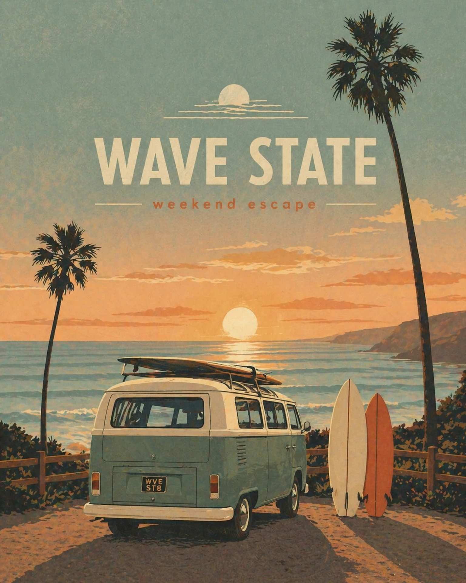 Wave State laine ja päikeseloojangu illustratsioon