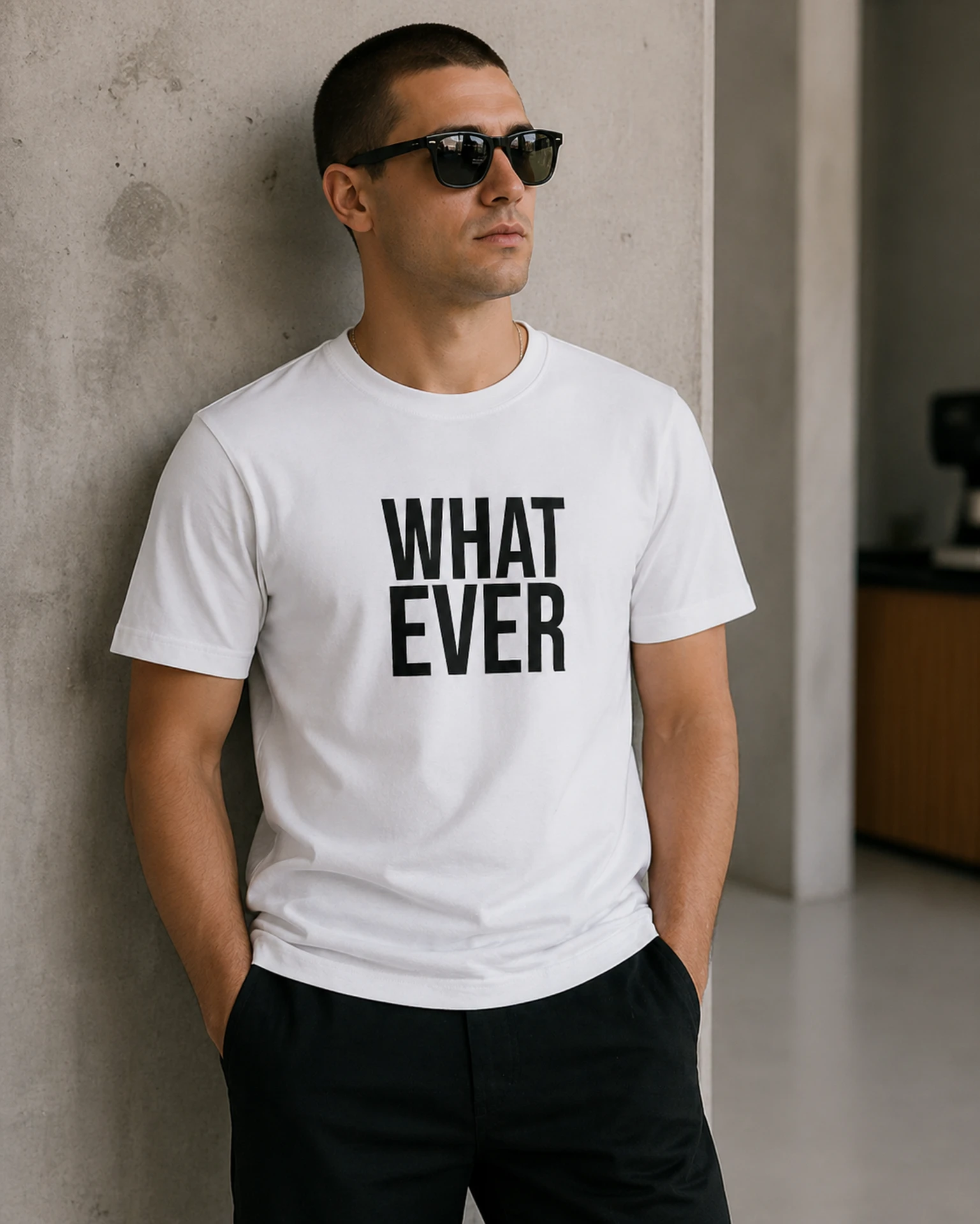 What Ever T-särk suure must-valge tüpograafiaga