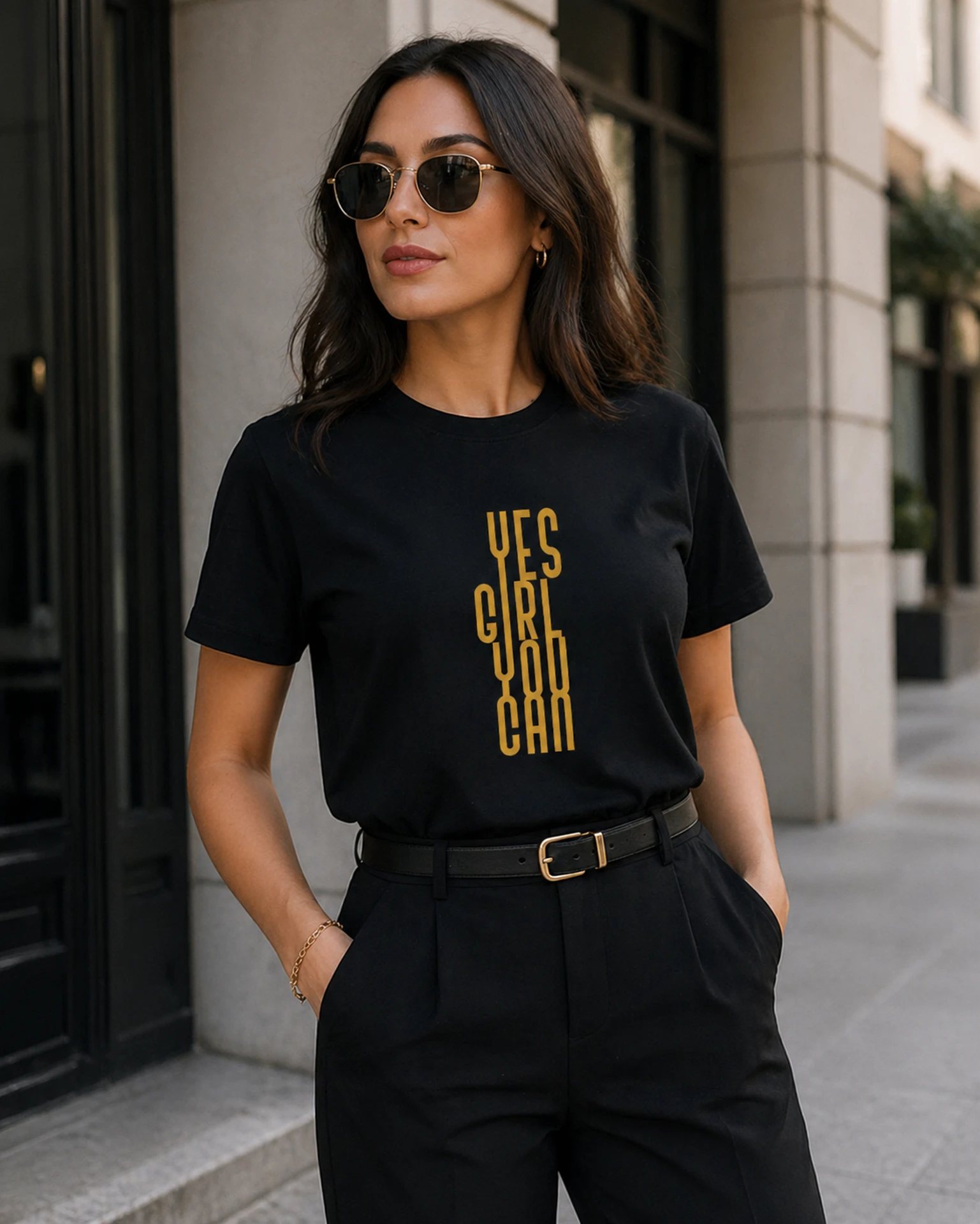 Yes Girl You Can must T-särk kuldse kirjaga naisel seljas